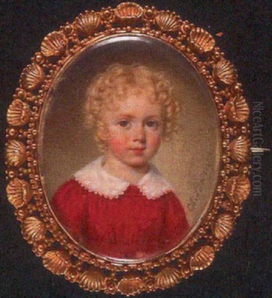 A Portrait Of A Child In Red Smock With Wide, White Lace Collar And Curly Blonde Hair Oil Painting by Charles Antoine Claude Berny d'Ouville