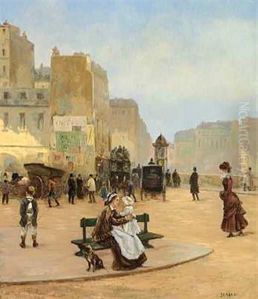 Gadescene Fra Paris, I Forgrunden Mor Og Barn Siddende Pa En Baenk Oil Painting by Louis Beroud