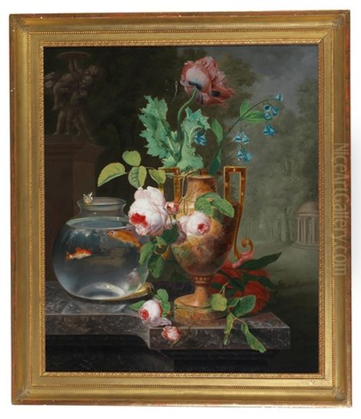 Still Life With Flowers In A Vase And Goldfish Bowl Oil Painting by Jean Baptiste Berre