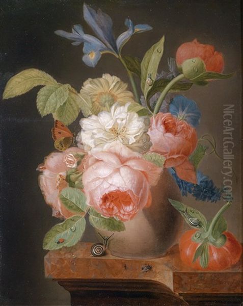 Blumenstuck Mit Rosen, Mohn, Schwertlilie, Wicken Und Schnecken by Jean Baptiste Berre