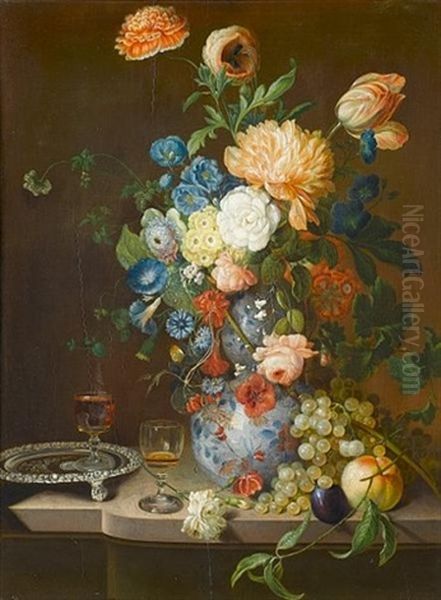 Roses, Tulips, Convolvulus, Auricula And Other Flowers In A Porcelain Vase On A Stone Ledge With A Silver Salver, Grapes, A Plum, Peaches And Two Wine Glasses Oil Painting by Jean Baptiste Berre