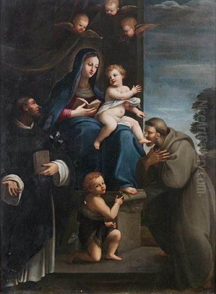 The Madonna And Child With The Infant Saint John The Baptist And Saints Dominic And Francis Oil Painting by Niccolo Berrettoni