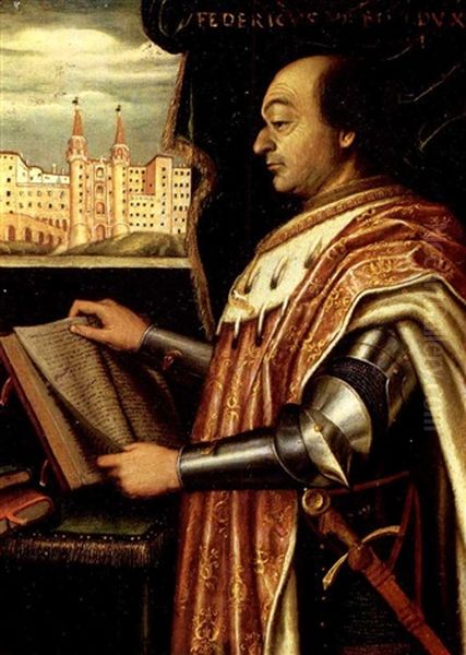 Portrait Of Frederico Da Montefeltro, Count Of Urbino, In His Study A View Of The Palazzo Ducale Beyond Oil Painting by Pedro Berruguete