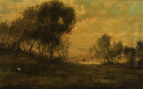 A Wooded Landscape With Cattle Watering In A Pond Oil Painting by Patrick Vincent Berry