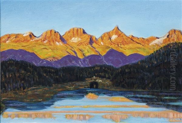 Sonnenuntergang Am St. Moritzersee Mit Blick Auf Piz Languard Oil Painting by Peter Robert Berry