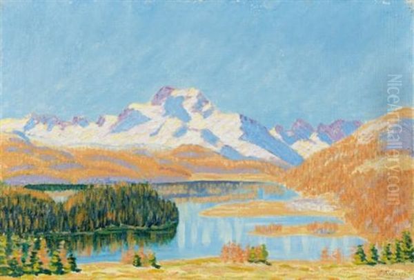 Engadiner Herbstlandschaft Mit Piz Margna (autumn Landscape In The Engadin With Mount Margna) Oil Painting by Peter Robert Berry