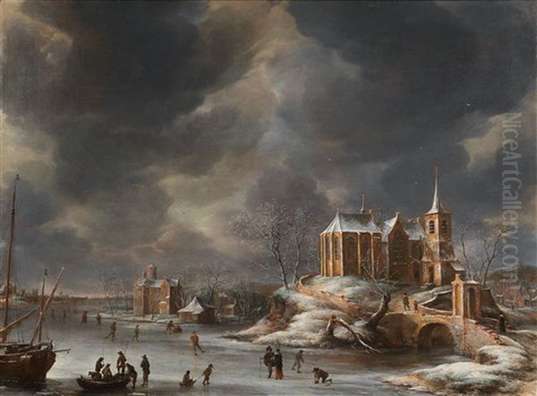 A Winter Landscape With Ice Skaters Near A Church Oil Painting by Anthony Berstraten