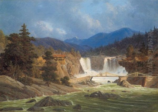 Wilde Gebirgslandschaft Mit Einem Wasserfall Oil Painting by Emile Bert