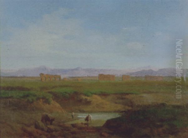 Paesaggio Della Campagna Romana Con Buoi Al Pascolo Oil Painting by Antonio Bertaccini