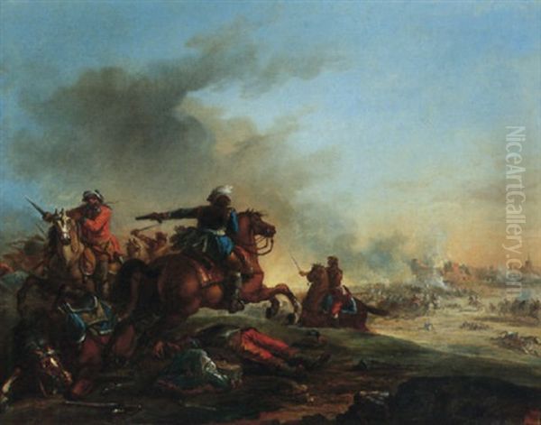 A Cavalry Engagement With A City Under Siege Oil Painting by Jacques Bertaux