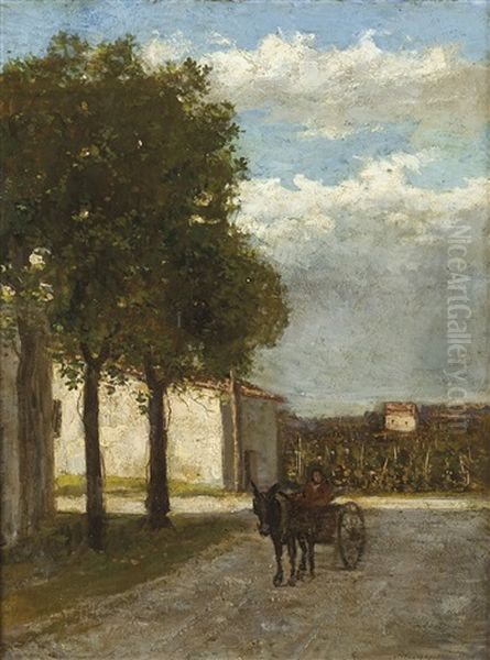 Strada Di Paese Con Barrocciaio Oil Painting by Luigi Bertelli