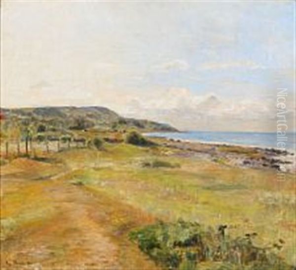 A Landscape With A View To The Sea Oil Painting by Aage Bertelsen