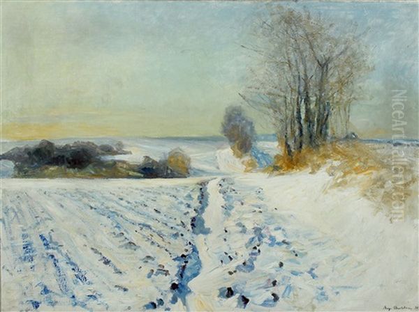 Winter Scenery With Snow Covered Fields In Sunlight Oil Painting by Aage Bertelsen