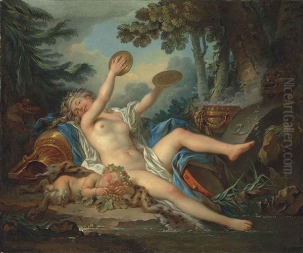 A Wooded Landscape With A Bacchante Playing The Cymbals And A Sleeping Faun Oil Painting by Jean-Simon Berthelemy