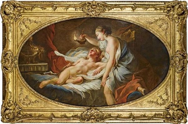 Psyche Contemplant L'amour Endormi Oil Painting by Jean-Simon Berthelemy