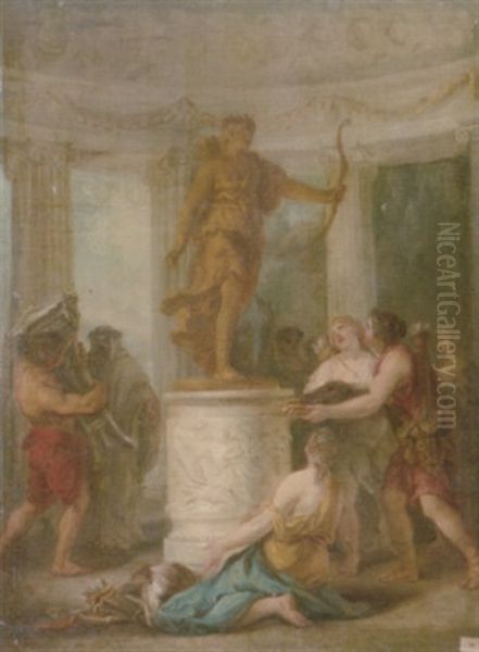 Interior Of A Classical Temple, With Hunters Making An Offering To A Statue Of Diana Oil Painting by Jean-Simon Berthelemy