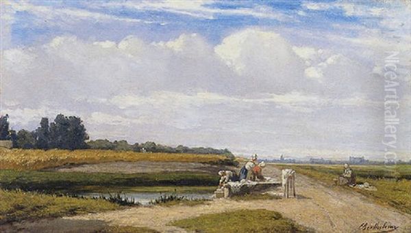 Paysage Normand Aux Lavandieres Oil Painting by Pierre Emile Berthelemy