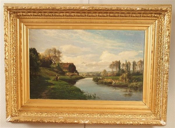 Paysage Lacustre Anime Oil Painting by Eugene Berthelon