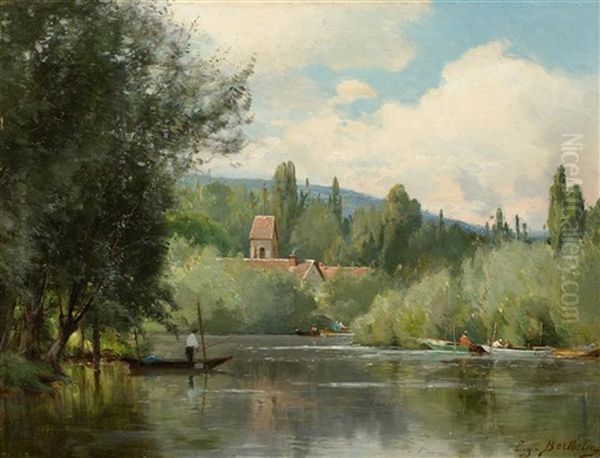 Flusslandschaft Mit Fischerbooten Oil Painting by Eugene Berthelon