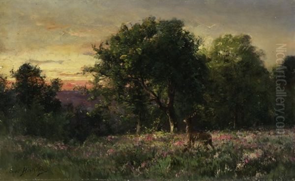 Hirsch Vor Einem Wald Bei Sonnenuntergang Oil Painting by Eugene Berthelon