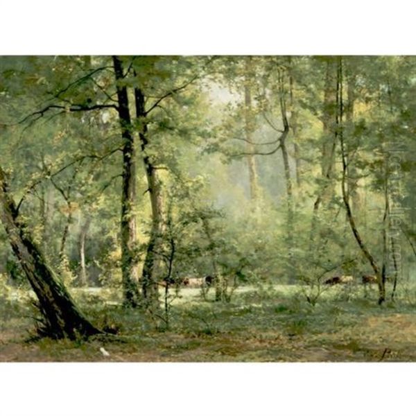 Cows In A Woodland Glade Oil Painting by Eugene Berthelon