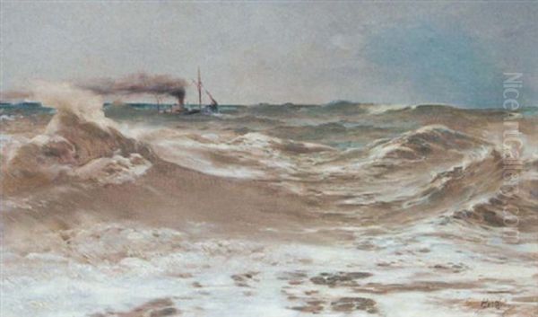 A Steamer In Choppy Waters Oil Painting by Eugene Berthelon