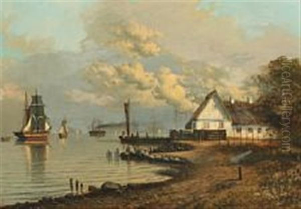 Coastal Scenery With Thatched House, Sailing Ships And Steamer On The Belt Oil Painting by Christian Bernh. Severin Berthelsen