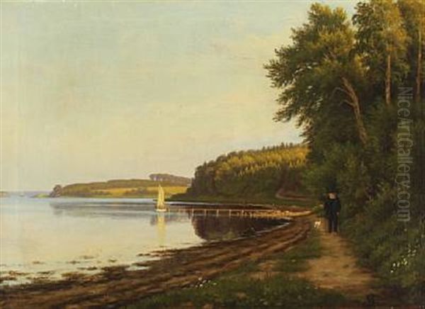 Coastal Scene With An Elderly Man Walking His Dog, In The Background Sailling Ships Oil Painting by Christian Bernh. Severin Berthelsen