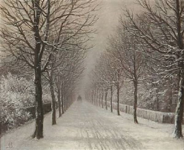 Snowy Avenue With A Horse-drawn Carriage In The Distance Oil Painting by Christian Bernh. Severin Berthelsen