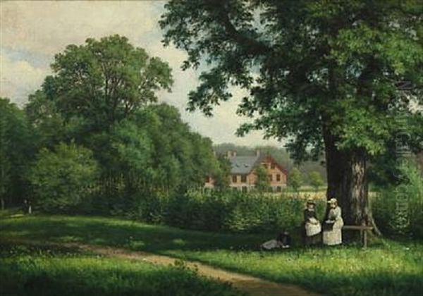 Park Scenery With Young Women On A Bench Oil Painting by Christian Bernh. Severin Berthelsen