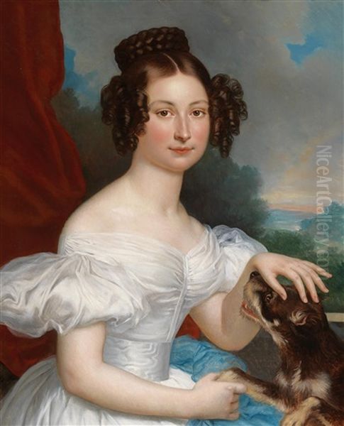 Portrait Of A Lady With A Dog Before A Landscape Background Oil Painting by Rene Theodore Berthon