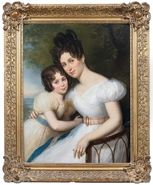 Portrait De Madame Charles Delamalle Nee Angelique Arnauld Et Sa Fille Agathe, Future Madame Ferdinand De Lesseps Oil Painting by Rene Theodore Berthon