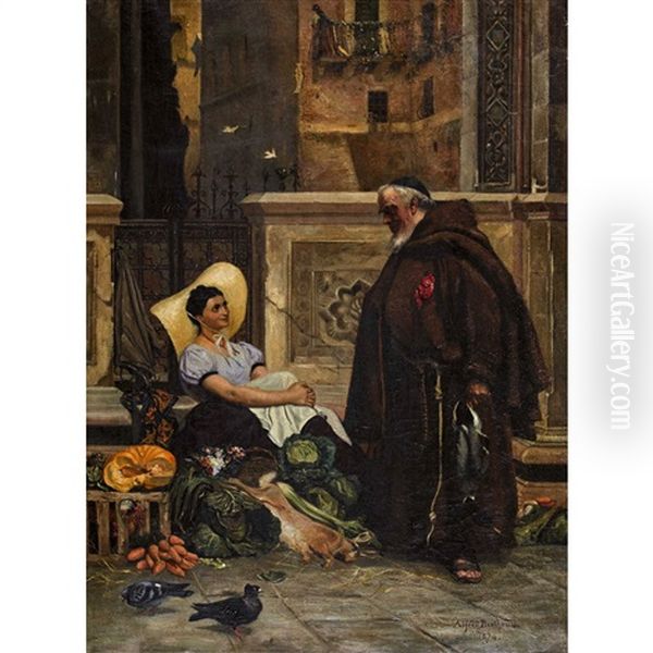 Marktfrau Und Monch Mit Ente Oil Painting by Alfred Henri Berthoud