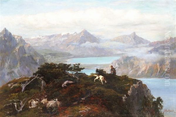 Blick Auf Thuner- Und Brienzersee Mit Jager Und Hund Im Vordergrund Oil Painting by Alfred Henri Berthoud