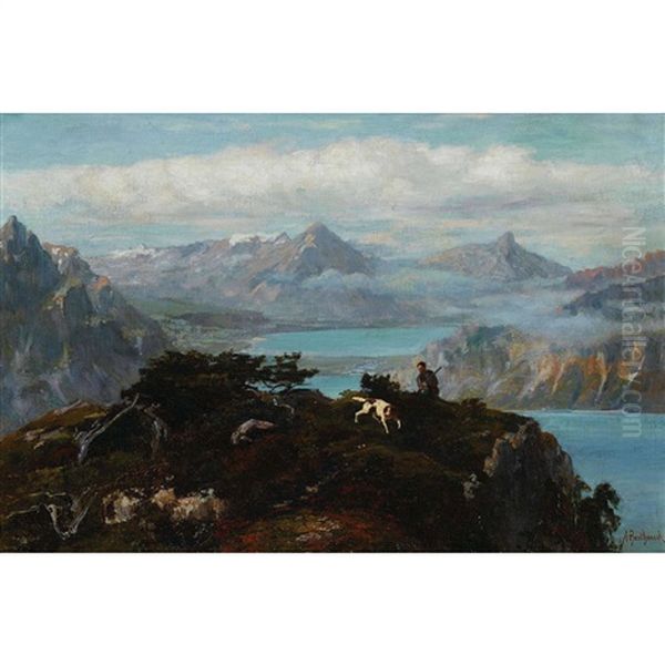 Blick Auf Thuner- Und Brienzersee Mit Jager Und Hund Oil Painting by Alfred Henri Berthoud