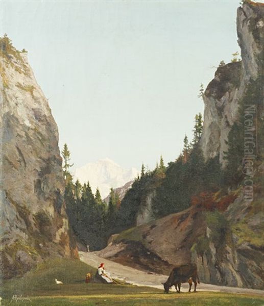 Vallon Dans Les Alpes Bernoises Et Jungfrau Oil Painting by Alfred Henri Berthoud