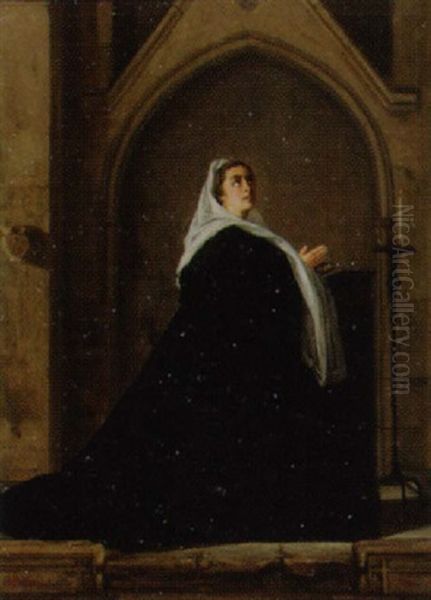 Eine Dame Im Gebet In Einer Gotischen Kapelle Oil Painting by Alfred Henri Berthoud