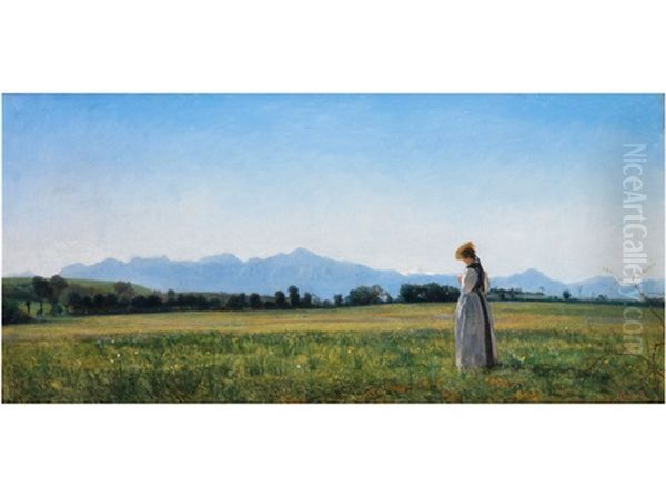 Junges Madchen In Sommerlicher Voralpenlandschaft Oil Painting by Auguste Henry Berthoud