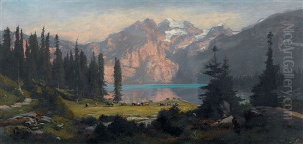 Sommerlicher Oeschinensee Mit Weidender Kuhherde by Auguste Henry Berthoud