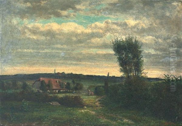 Spatsommerliche Abendlandschaft Mit Malerischem Gehoft Und Figurenstaffage Oil Painting by Auguste Henry Berthoud