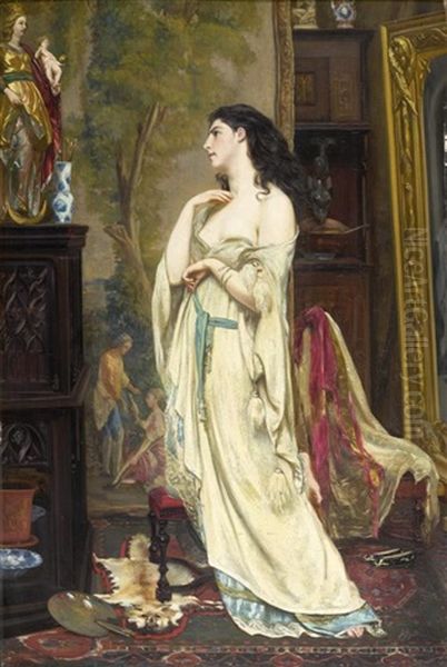 Interieurszene Mit Einer Jungen Dame Oil Painting by Auguste Henry Berthoud