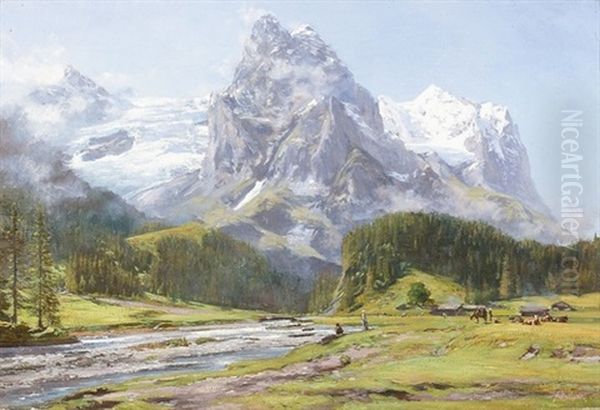 Ansicht Von Wellhorn, Wetterhorn Und Rosenlaui Oil Painting by Auguste Henry Berthoud