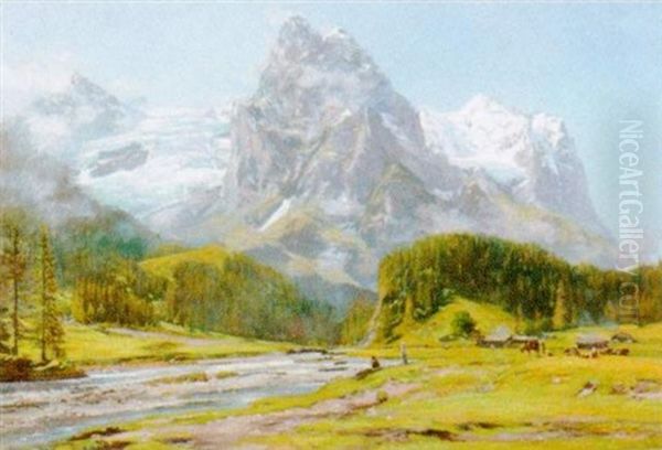 Ansicht Von Wellhorn, Wetterhorn Und Rosenlaui Oil Painting by Auguste Henry Berthoud