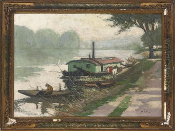 Barges At The River Bank Oil Painting by Paul-Francois Berthoud