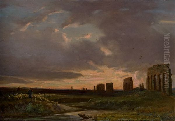 Abend In Der Romischen Campagna Mit Der Aqua Claudia by Rodolphe Leon Berthoud