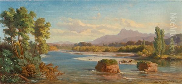 Flusslandschaft Mit Figurenstaffage Oil Painting by Rodolphe Leon Berthoud