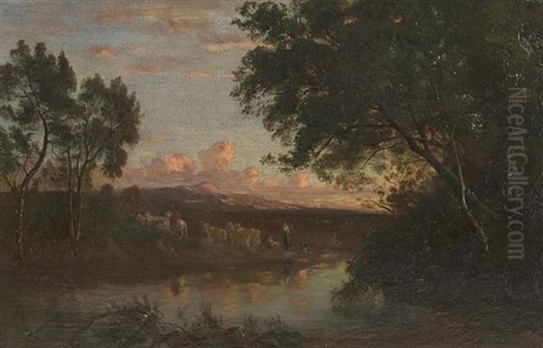 Troupeau Au Bord De L'etang Oil Painting by Rodolphe Leon Berthoud