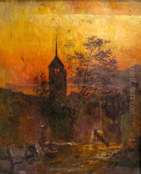 Temple De Saint-blaise Au Coucher Du Soleil Oil Painting by Rodolphe Leon Berthoud