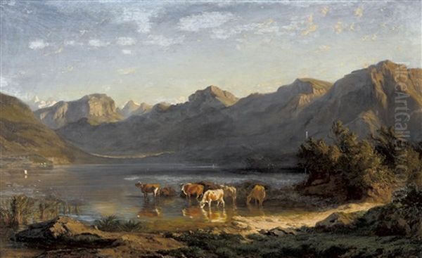 Viehherde Am Seeufer Oil Painting by Rodolphe Leon Berthoud