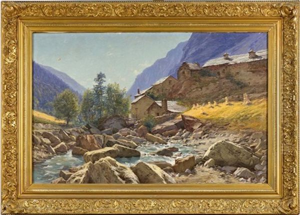 La Romanche Et Le Hameau Des Freaux Pres De La Grave. Oisans Oil Painting by Charles Alexandre Bertier